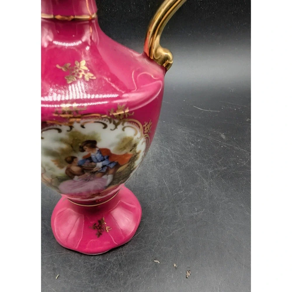 Limoges France Pitcher Fuchsia Pink Gold Fragonard Courting Couple Ewer